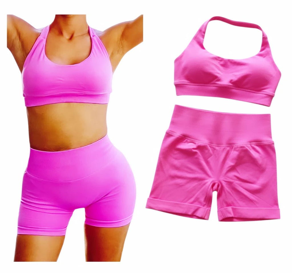 Flower Pink Scrunch Butt Short & Bra Set